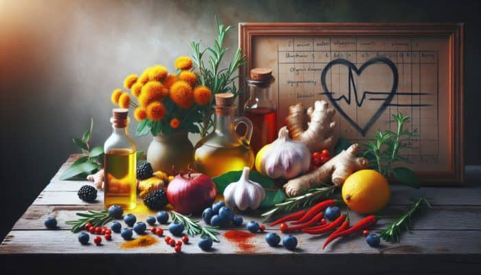 How Herbs Support Heart Health: A still life of heart-healthy herbs like hawthorn, garlic, and turmeric on a rustic table.