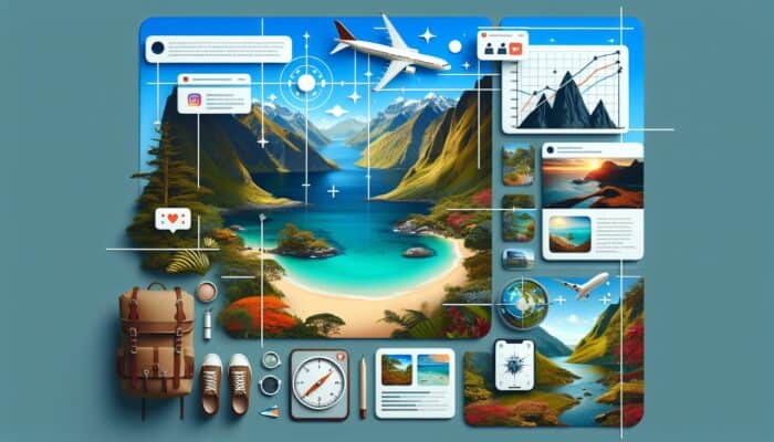 A travel host's Instagram story with global landscapes, interactive polls, and personal adventure narrative.