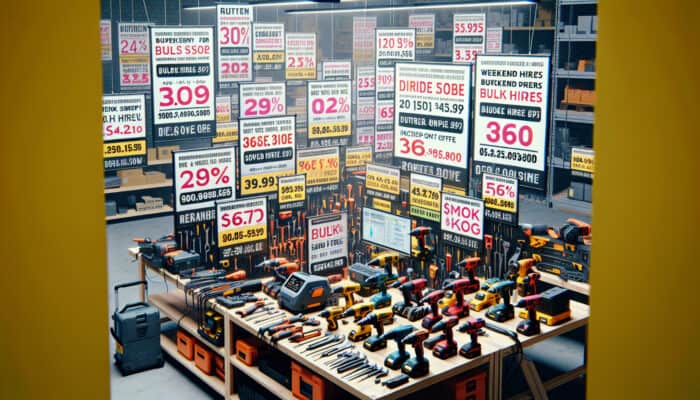 Tool Rental Discounts for House Clearance: A vibrant array of power tools displayed on a workbench, adorned with discount tags and promotional banners within a bustling tool rental shop.