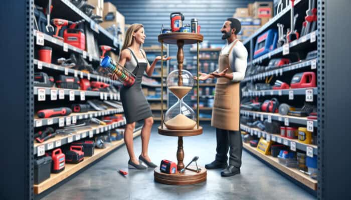 Individual negotiating tool rental discounts in a hardware store, surrounded by tools, with a calendar and price comparison chart in sight.