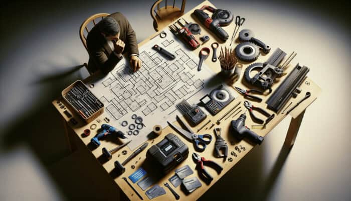 A person planning tool rental savings with tools, coupons, and loyalty cards scattered across a desk.