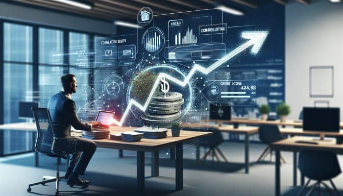 Can Debt Consolidation Boost Your Credit Fast: UK Guide | DCL Person managing finances, consolidating debts, improving credit score, symbolized by rising graph and clear path in modern office.