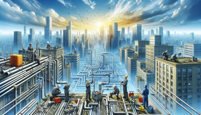 Langley cityscape with modern commercial buildings, visible plumbing systems, and expert plumbers working.