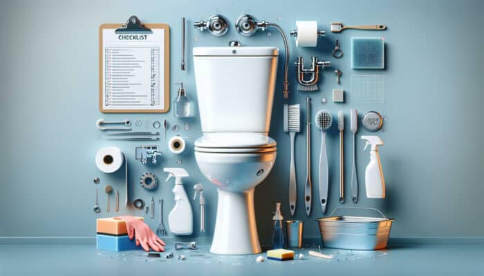 Modern toilet with flapper valve, fill valve, cleaning tools, and maintenance checklist.