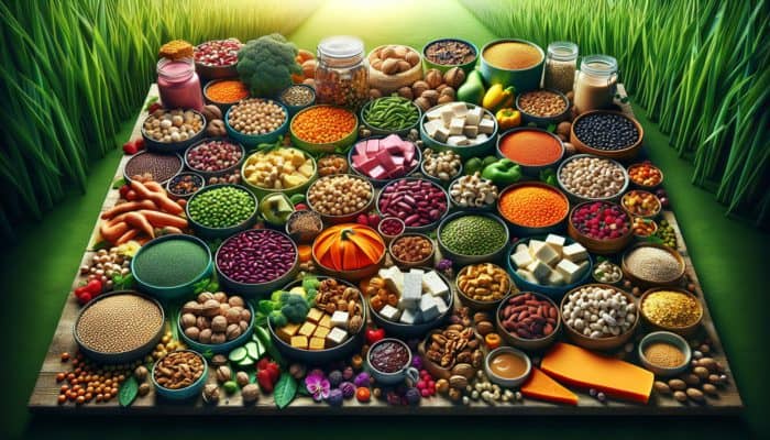 Plant-Based Proteins in Meals: Colorful table of plant-based proteins including legumes, grains, nuts, seeds, tofu, tempeh, seitan, nut butters on green background.