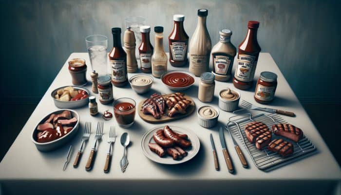A table displaying Kansas City BBQ sauce in a jar, Alabama white sauce in a bowl, and a custom BBQ sauce in a bottle, accompanied by grilling tools and meats.
