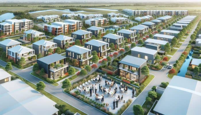 Aerial view of Thohoyandou's mid-level properties with expert panels discussing market trends amidst lush greenery.