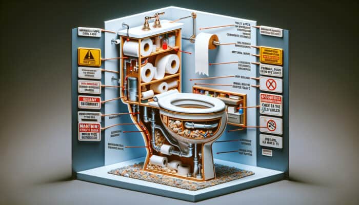 Toilet Repair Services in Pitt Meadows: Cutaway view of toilet showing clogs, leaks from worn flapper valve, and running toilet due to faulty fill valve.