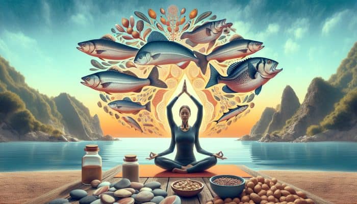 A person practicing yoga by the sea with fish and nuts, symbolizing thyroid health support.
