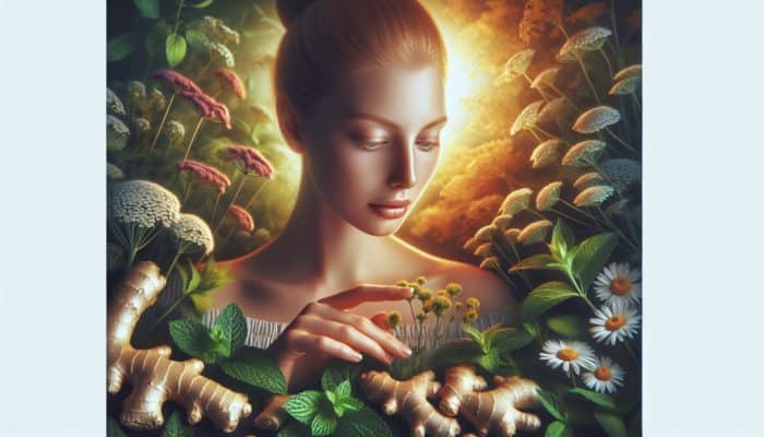 Herbal Relief for Menstrual Cramps: Woman surrounded by ginger, chamomile, and peppermint, learning about herbal remedies for menstrual cramps.