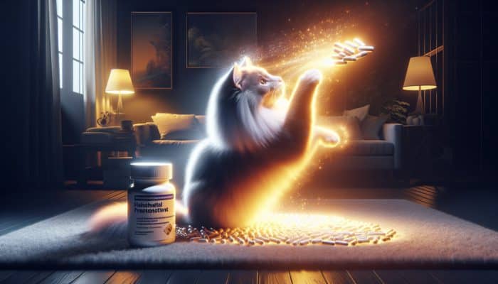 A serene cat playfully batting at a hairball prevention supplement in a cozy living room.