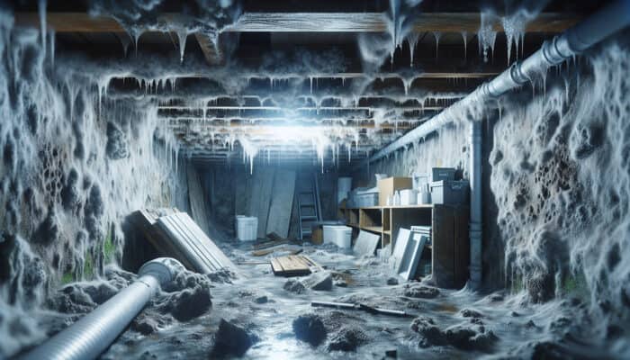 Crawl Space Drainage Services in Surrey: A damp, moldy crawl space in a Surrey home showing water damage and musty odor.