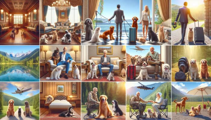 Hotel Pet-Friendly Options: Diverse pet-friendly accommodations including luxury hotels, vacation rentals, and campgrounds with happy pets and owners.