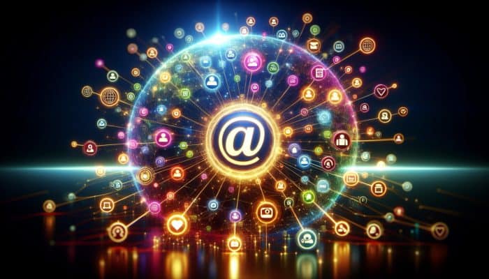 Utilizing Social Media for Brand Authority: A vibrant digital landscape with interconnected social media icons and a central logo radiating influence.