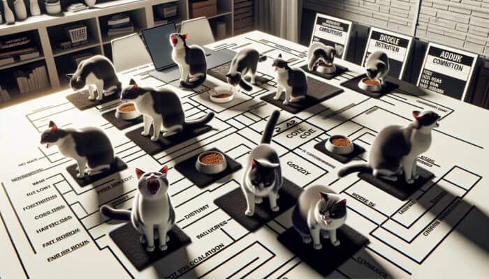 Territorial Behaviour in Multi-Cat Homes: Cats hissing and arching over food and space, demonstrating territorial aggression in a multi-cat environment.