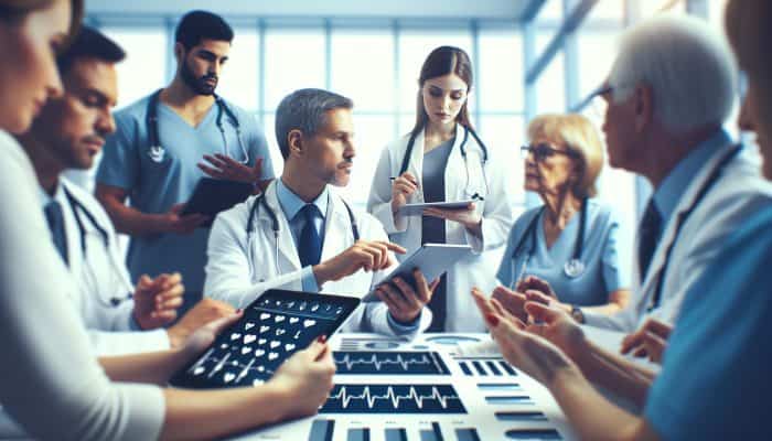 Health professionals in Beverley clinic discussing cholesterol test results with patients using digital tools.