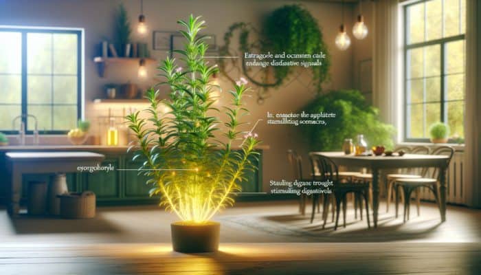 A vibrant tarragon plant with glowing estragole and ocimene compounds in a cozy kitchen.
