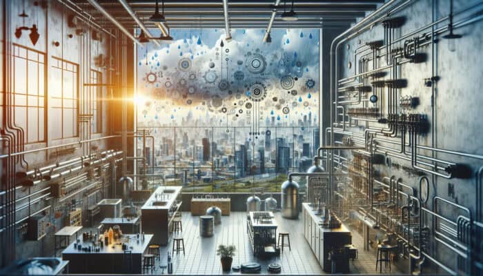 Commercial Plumbing Services in Vancouver: A bustling commercial kitchen in Vancouver with customised plumbing systems managing water and waste, diverse weather outside.