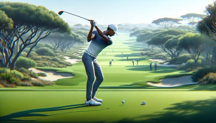 A South African golfer refining swing techniques on a lush course, employing an open stance for higher trajectory.