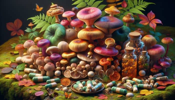 Mushroom Supplements for Endurance: Colorful mushrooms surrounding capsules, powders, and extracts, showcasing bioactive compounds, in a forest setting.
