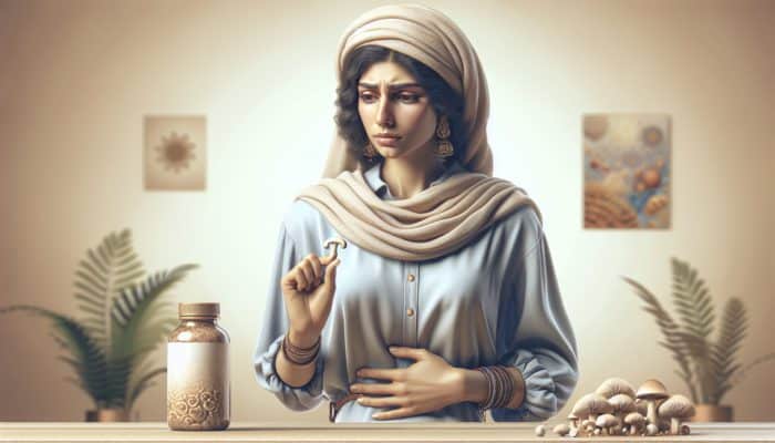 A person experiencing slight bloating, appearing thoughtful while holding mushroom supplements in a calm, neutral room.