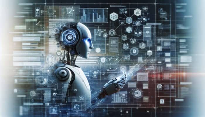 A futuristic AI-integrated virtual assistant managing social media, content marketing, and CRM amidst digital interfaces and data streams.