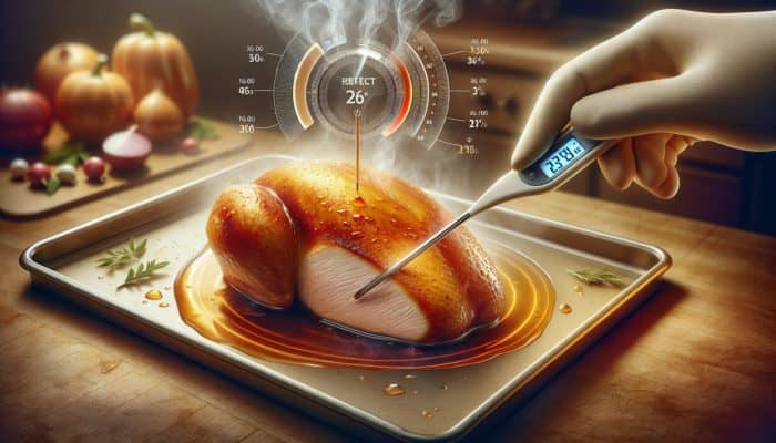 A golden turkey breast being basted, with a thermometer showing 74°C, in a steamy kitchen.