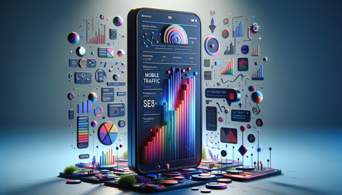 A smartphone displaying an optimised website with title tags, alongside graphs illustrating mobile traffic and SEO performance.