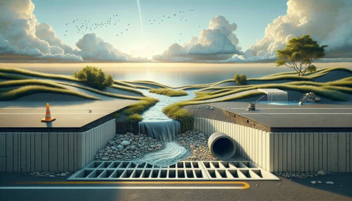 A tranquil landscape featuring a French drain, a surface drain in a parking lot, and a dry well under a cloudy, rainy sky.