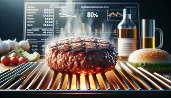 Juicy burger patty with 80/20 lean-to-fat ratio sizzling on a grill, showing perfect moisture and flavor balance.