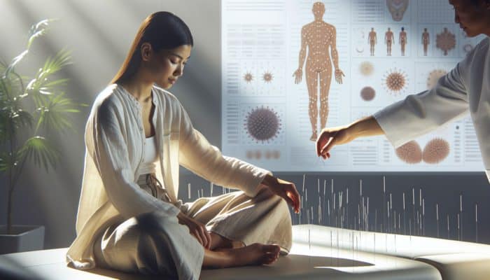 A serene individual in loose, comfortable clothing during an acupuncture session with needles on accessible points.