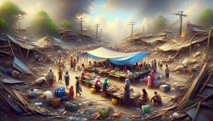 Post-Disaster Bartering: A bustling post-disaster community market with people exchanging goods and services amidst debris.