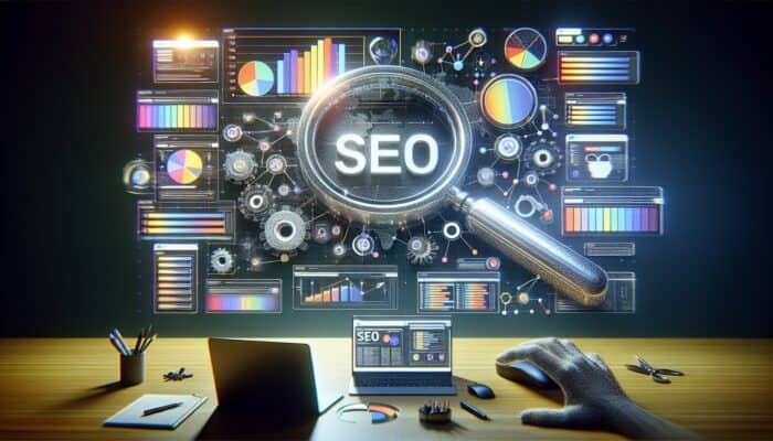 How to Write SEO-Friendly Page Titles: A vibrant digital screen showing magnified SEO titles as clickable headlines on a search engine results page.