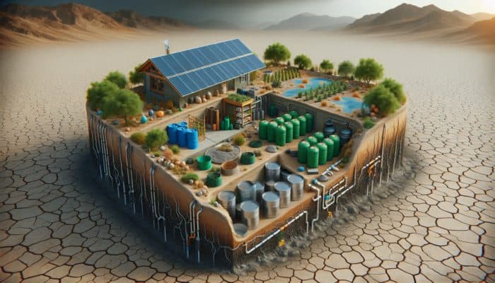 Water Collection Systems: Diverse water collection systems capturing and storing rainwater in a drought-afflicted landscape.
