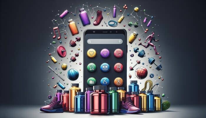 A smartphone showing Snapchat with colourful supplement bottles and fitness icons, illustrating advertising strategies.