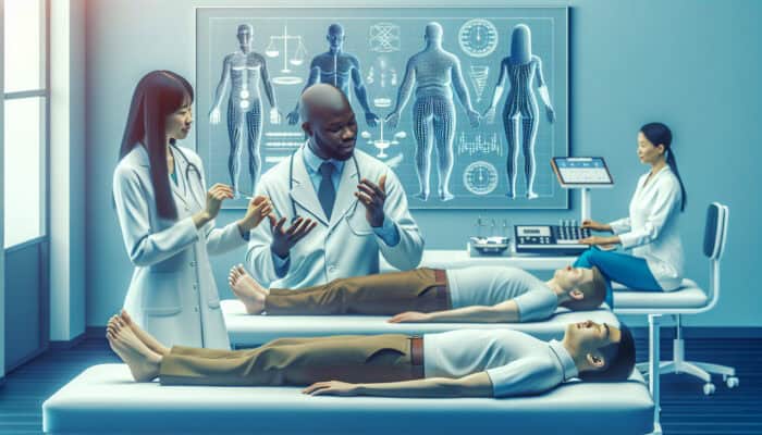 A modern acupuncture clinic where experts discuss weight loss benefits, patients receive treatment, and efficacy charts are displayed.