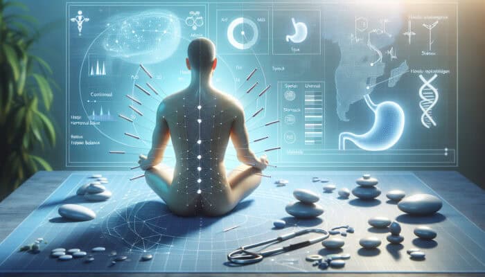 Acupuncture session targeting metabolism with needles positioned on spleen and stomach points, featuring clinical diagrams of hormonal activity.