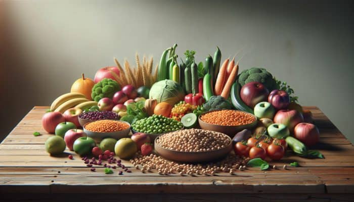 A colourful array of plant-based foods like lentils, chickpeas, fruits, and vegetables on a table.