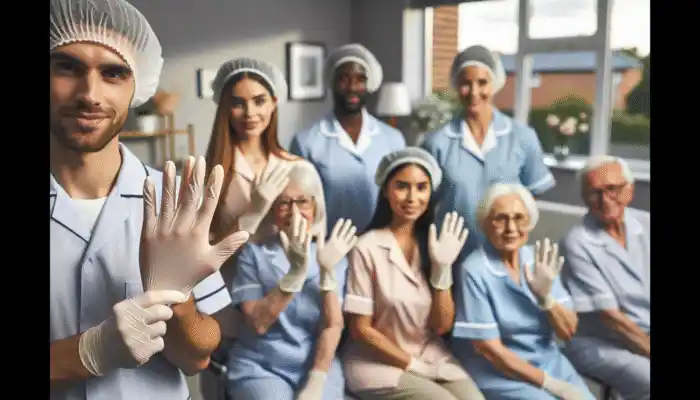 Disposable Gloves for Care Home Staff: Care home personnel wearing Honeywell, Kimberly-Clark, and Ansell gloves, showcasing latex and nitrile options in a UK care setting.