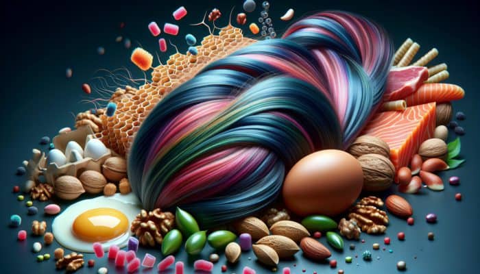 Strengthening Weak Hair Strands: A colorful illustration of a hair strand made of keratin proteins, surrounded by eggs, nuts, and fish.