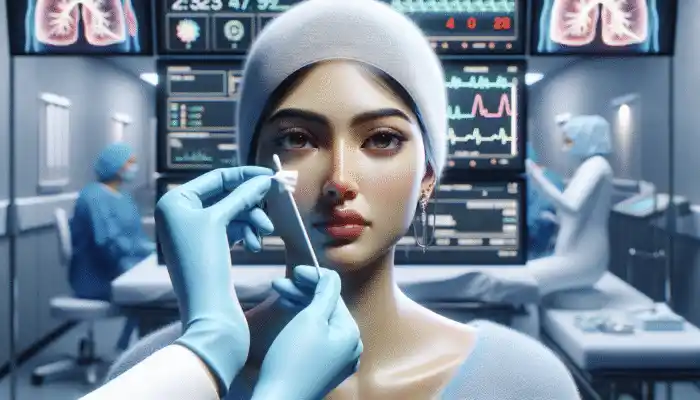 Medical professional using Alcotip Pre-Injection Swab on patient's skin in hospital to prevent infection.