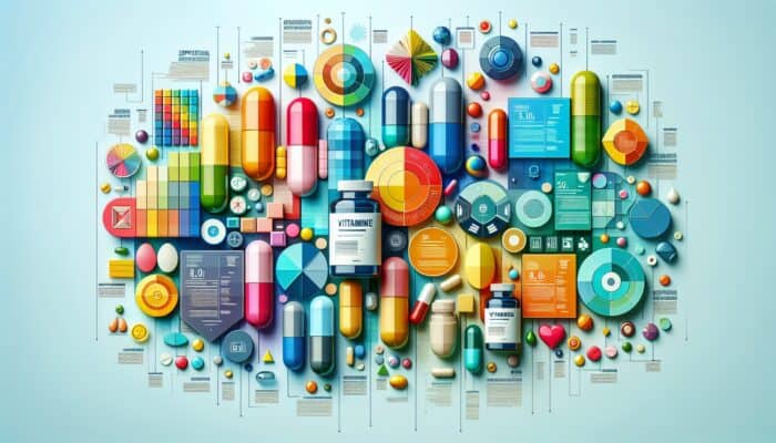 Vibrant infographic featuring tips for crafting content centred on supplements, showcasing vitamins and capsules.