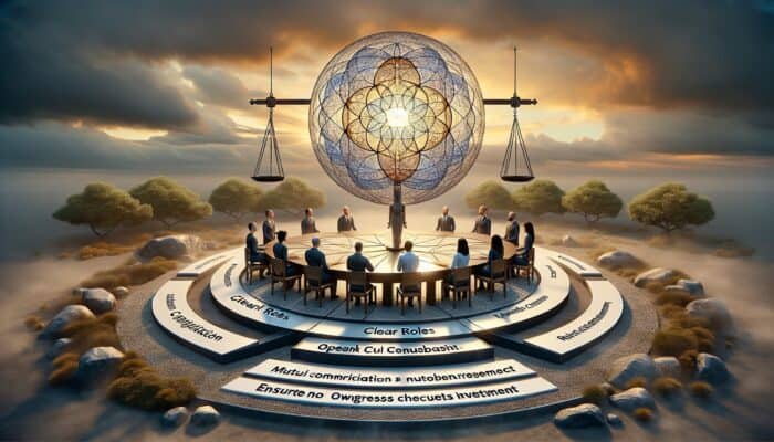 Infographic illustrating experts collaborating with clear roles, mutual respect, and open communication.