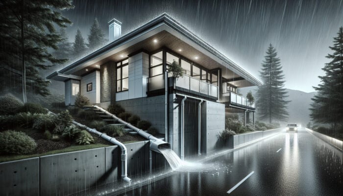 Modern Vancouver home with effective downspout drainage system preventing water accumulation and soil erosion during heavy rain.