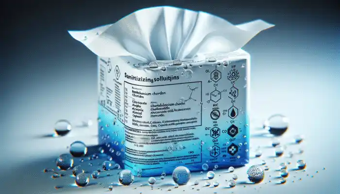 Medical tissue wipes with sanitizing solution droplets eradicating germs on a clinical surface.