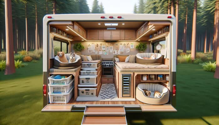A cosy RV interior designed for pets with space to play, sleep, and store supplies, in a serene camping scene.