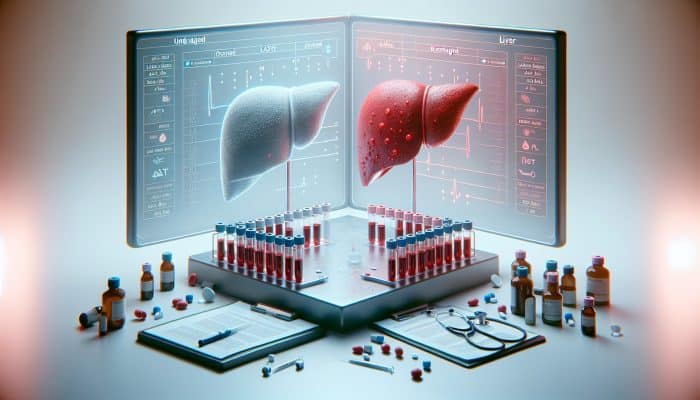 Liver Blood Test in Swanscombe: Visual representation of liver blood tests highlighting vials, enzymes ALT and AST, alongside comparisons of healthy and impaired liver in a clinical context.