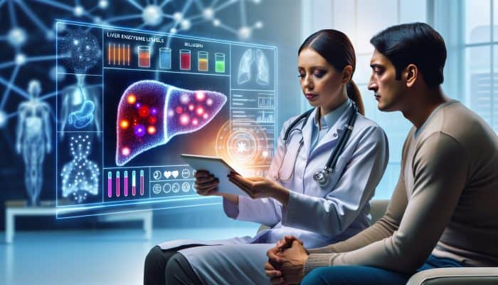 A healthcare professional reviewing liver blood test results with a patient using a digital tablet, showcasing graphs and charts.