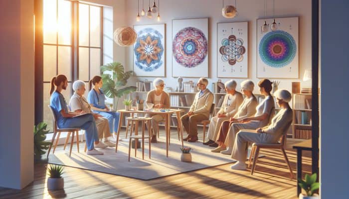 A serene group therapy session for retirees at an NHS clinic, focusing on art and mindfulness.