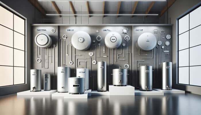 Hot Water Tank Services in Ladner Delta: A range of hot water tanks displayed in a contemporary showroom, featuring conventional, tankless, and heat pump models.